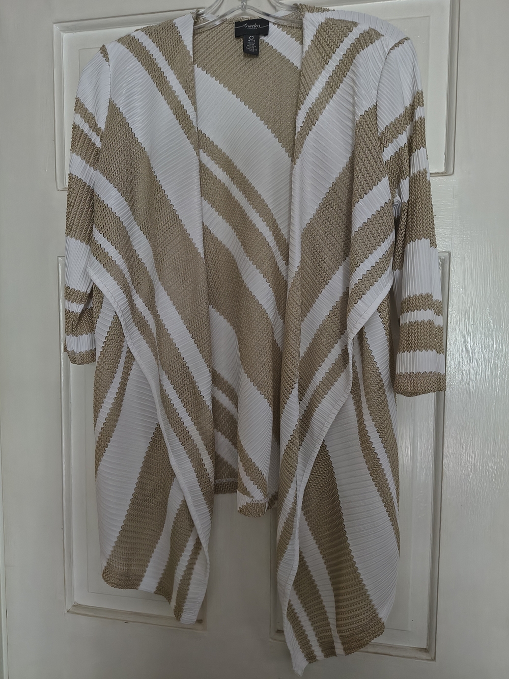Chico's White and Beige Striped Open-Front Cardigan
